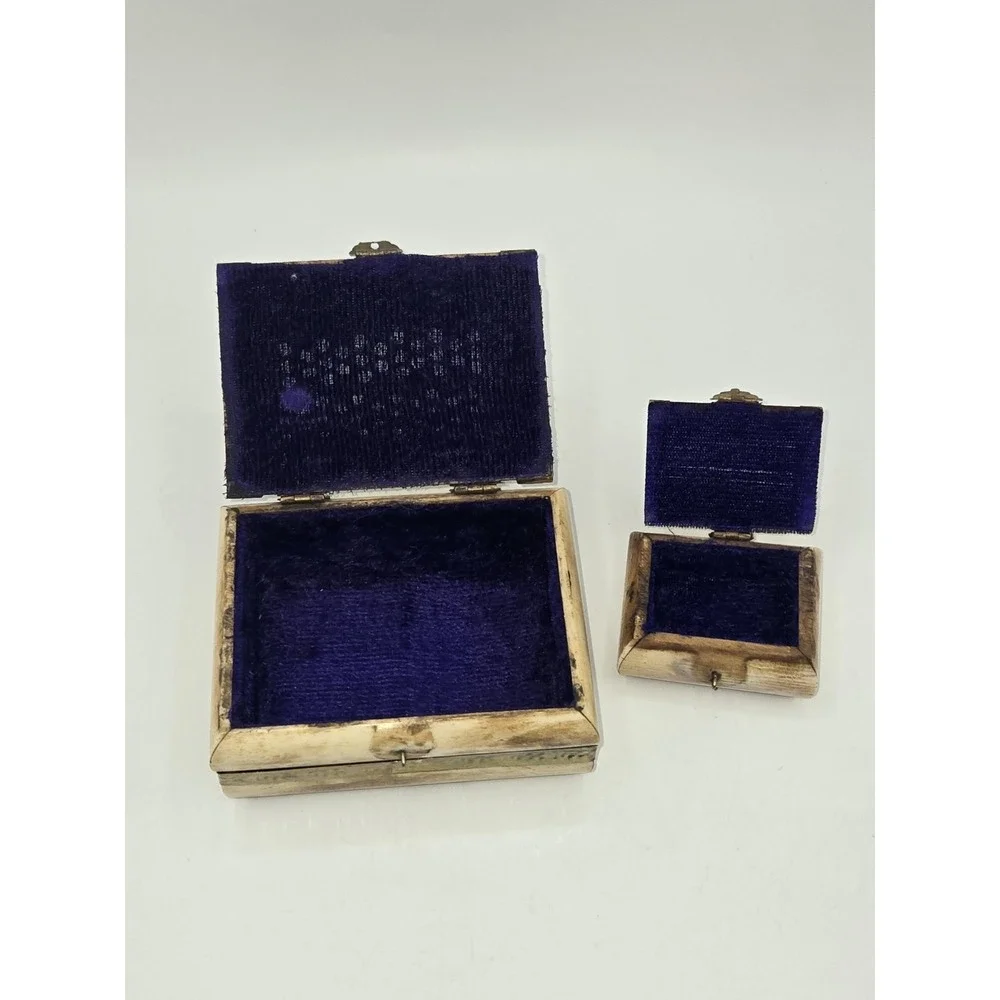 Vintage Camel Bone Brass Jewelry Casket Set Velvet Lined Pair